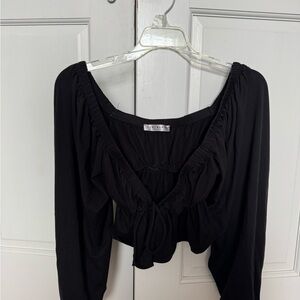 Black Puff Sleeve Ruched Crop Blouse